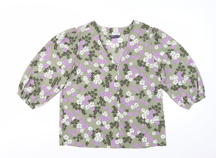 Marks and Spencer Women's Green Floral V-Neck 3/4 Sleeve Tunic Blouse Size 12