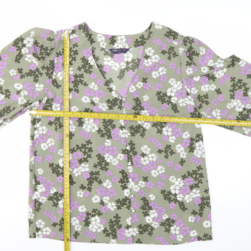 Marks and Spencer Women's Green Floral V-Neck 3/4 Sleeve Tunic Blouse Size 12