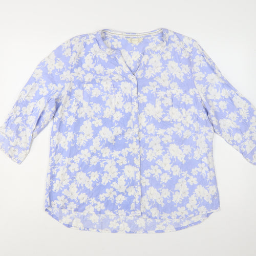 BHS Women Blue Floral Cotton Tunic Blouse Size 16 3/4 Sleeve