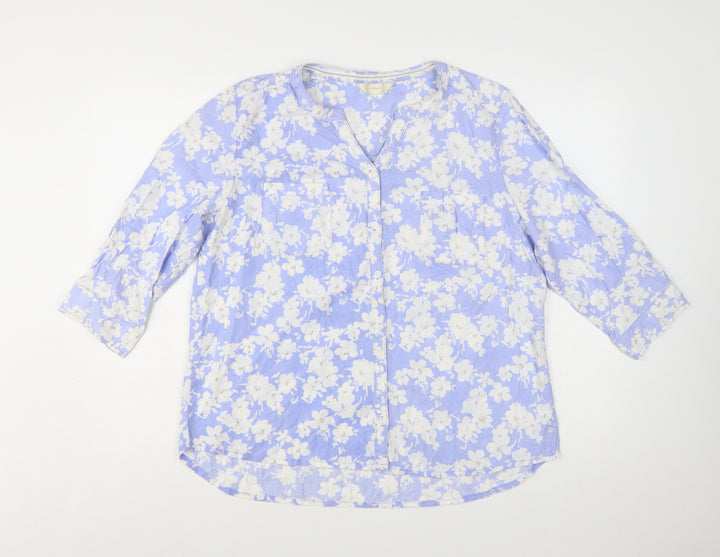 BHS Women Blue Floral Cotton Tunic Blouse Size 16 3/4 Sleeve