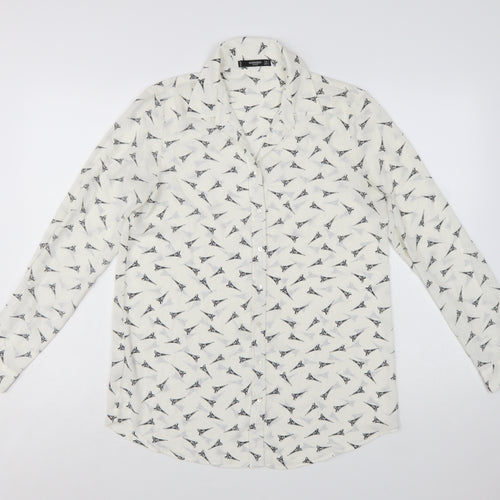 Mango Women White Eiffel Print Button-Up Long Sleeve Shirt Size 8
