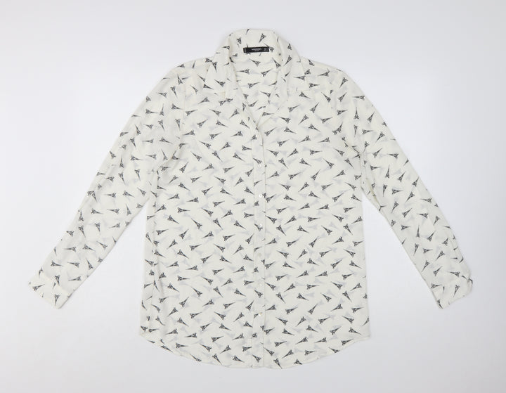 Mango Women White Eiffel Print Button-Up Long Sleeve Shirt Size 8
