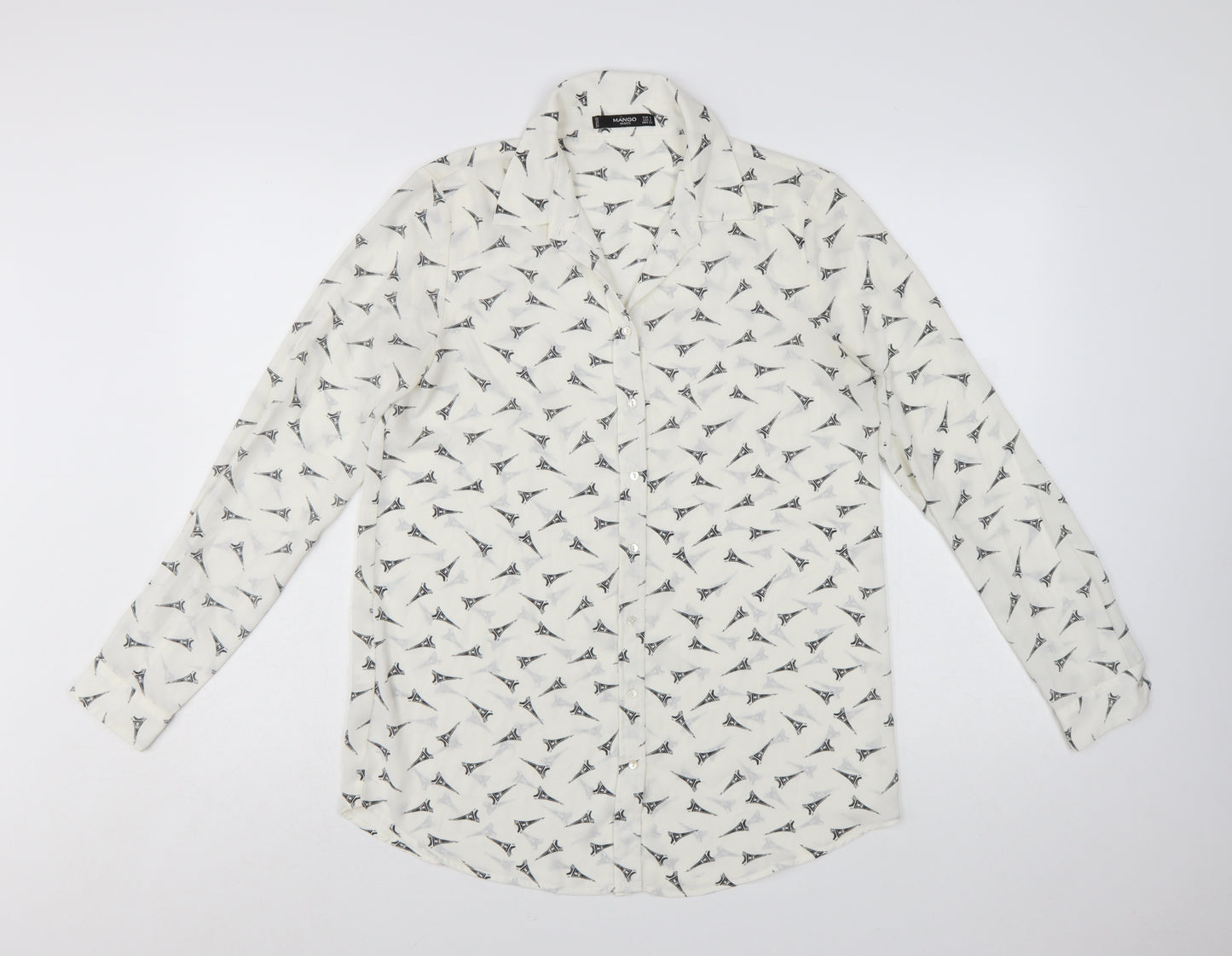 Mango Women White Eiffel Print Button-Up Long Sleeve Shirt Size 8