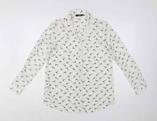 Mango Women White Eiffel Print Button-Up Long Sleeve Shirt Size 8
