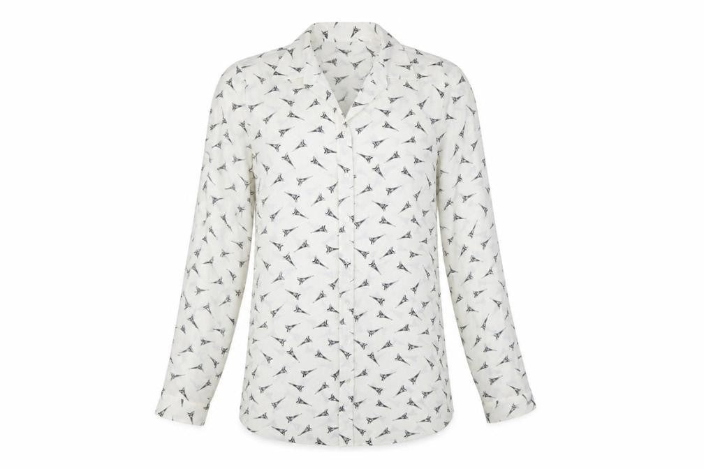 Mango Women White Eiffel Print Button-Up Long Sleeve Shirt Size 8