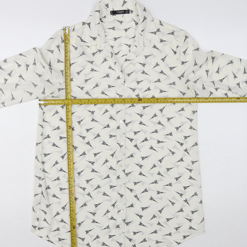 Mango Women White Eiffel Print Button-Up Long Sleeve Shirt Size 8