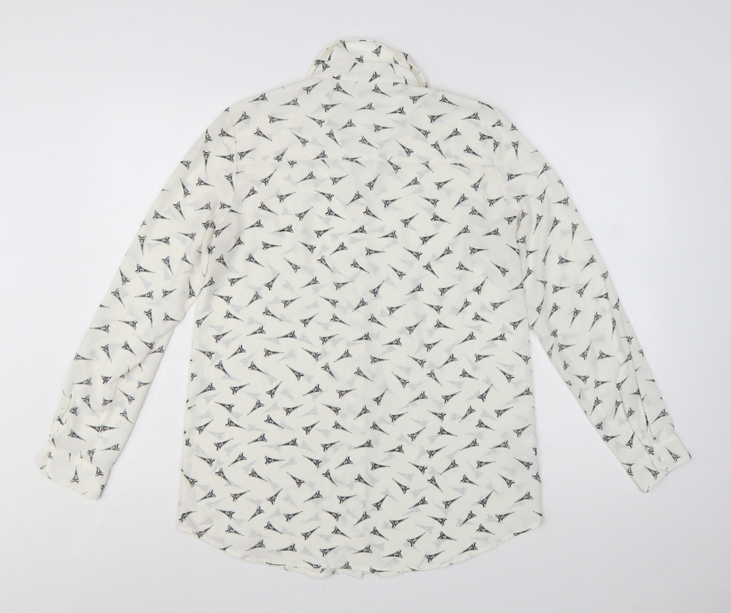 Mango Women White Eiffel Print Button-Up Long Sleeve Shirt Size 8