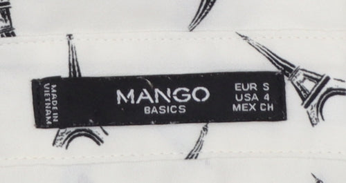 Mango Women White Eiffel Print Button-Up Long Sleeve Shirt Size 8
