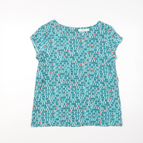 Lily & Me Women's Blue Geometric Linen Blend Short Sleeve Tunic Blouse Size 14