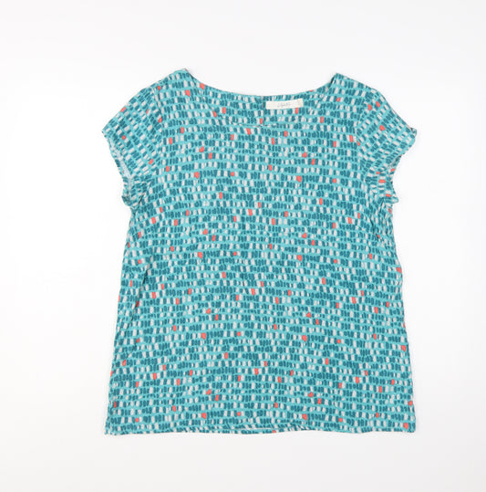 Lily & Me Women's Blue Geometric Linen Blend Short Sleeve Tunic Blouse Size 14
