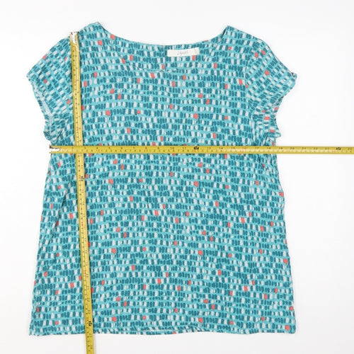 Lily & Me Women's Blue Geometric Linen Blend Short Sleeve Tunic Blouse Size 14