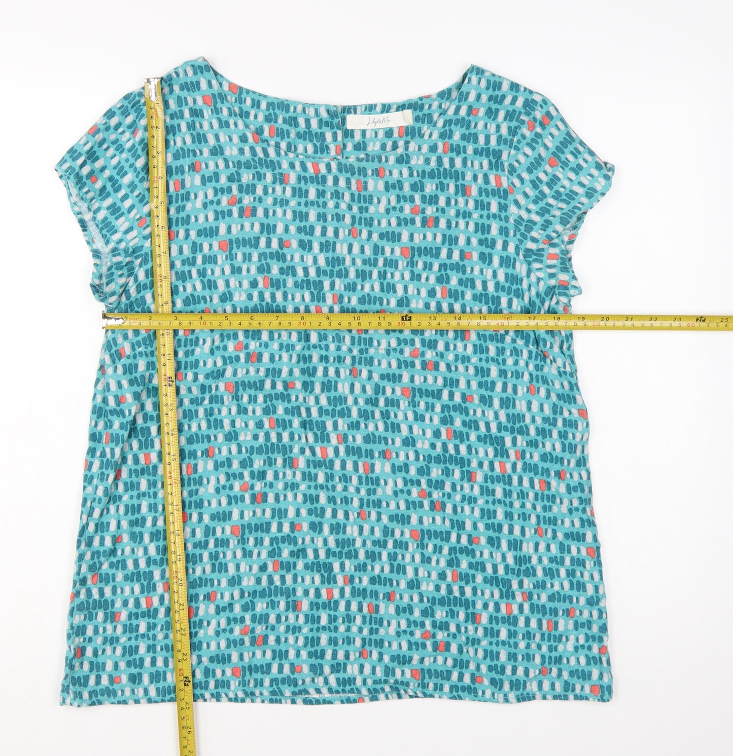 Lily & Me Women's Blue Geometric Linen Blend Short Sleeve Tunic Blouse Size 14