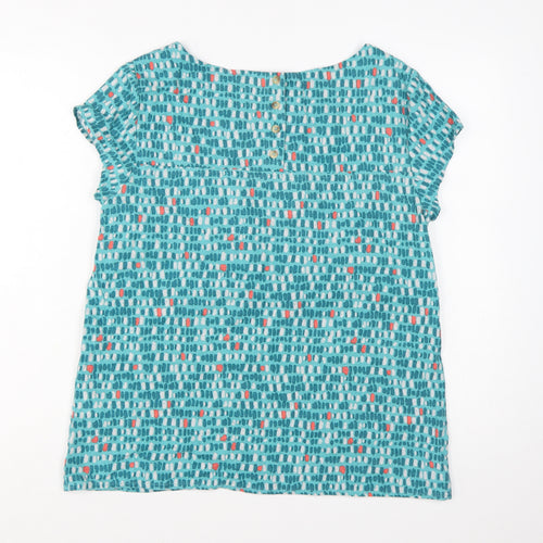 Lily & Me Women's Blue Geometric Linen Blend Short Sleeve Tunic Blouse Size 14