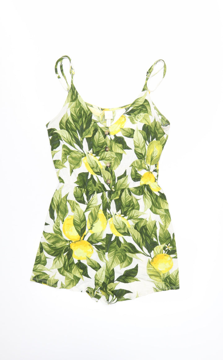 H&M Women’s Lemon Print Playsuit Green Yellow Size M Cotton Summer