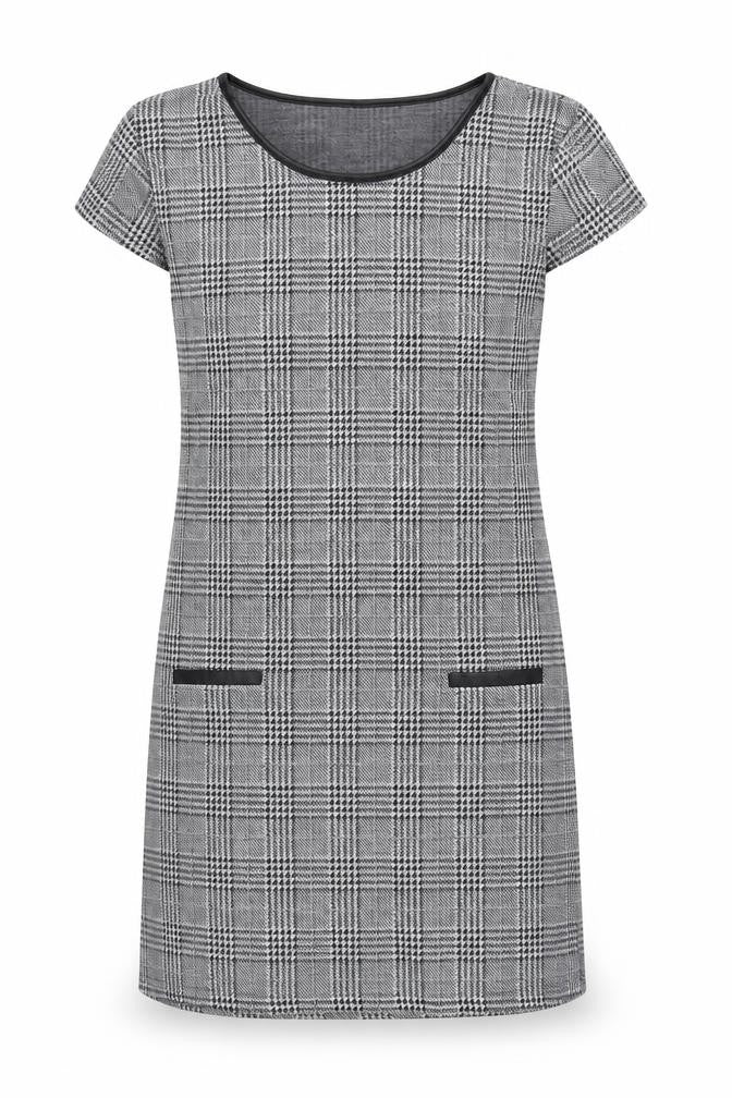 Front view of Paper Scissors Women’s Grey Check Shift Dress, size M, Short Sleeve