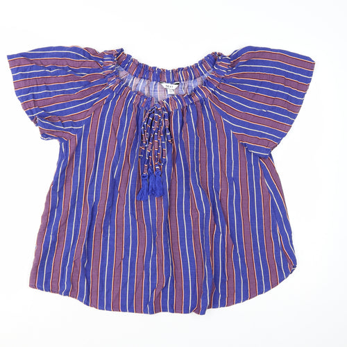 Next Women Blue Striped Bohemian Tassel Short Sleeve Blouse Size S