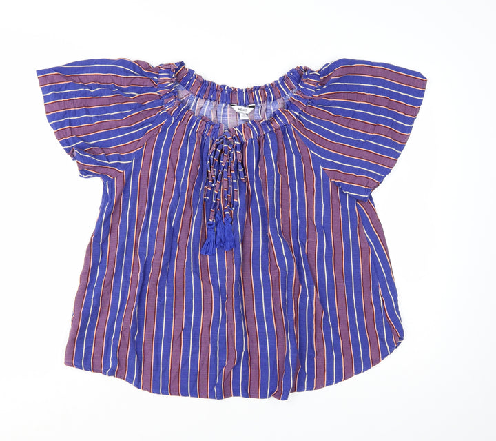 Next Women Blue Striped Bohemian Tassel Short Sleeve Blouse Size S