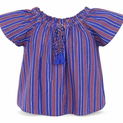 Next Women Blue Striped Bohemian Tassel Short Sleeve Blouse Size S
