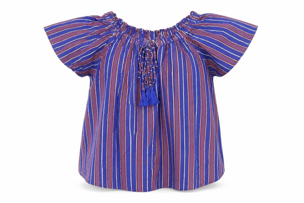 Next Women Blue Striped Bohemian Tassel Short Sleeve Blouse Size S