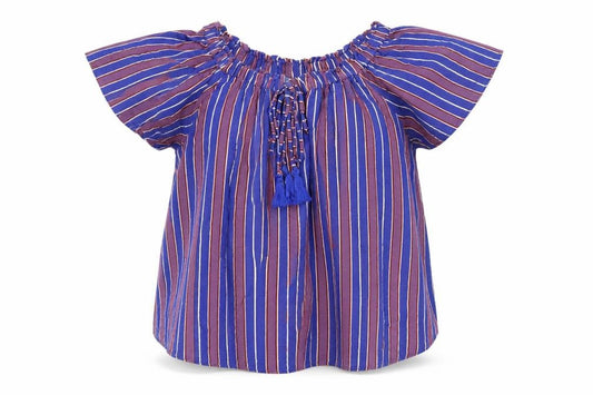 Front view of Next Women Blue Striped Bohemian Tassel Short Sleeve Blouse, size S