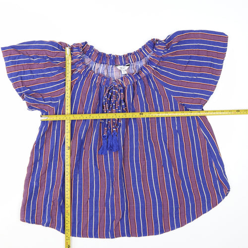 Next Women Blue Striped Bohemian Tassel Short Sleeve Blouse Size S