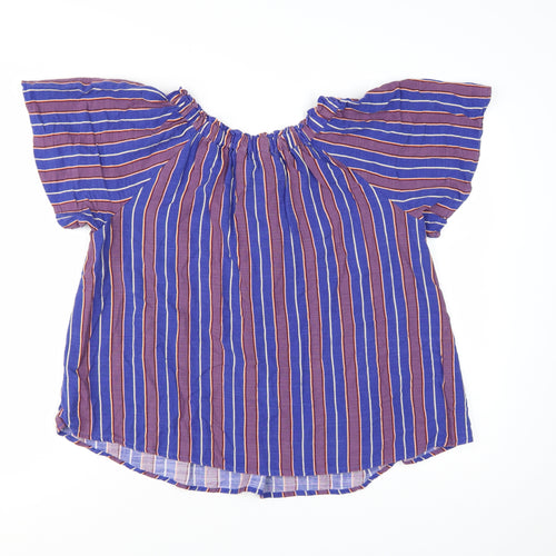Next Women Blue Striped Bohemian Tassel Short Sleeve Blouse Size S