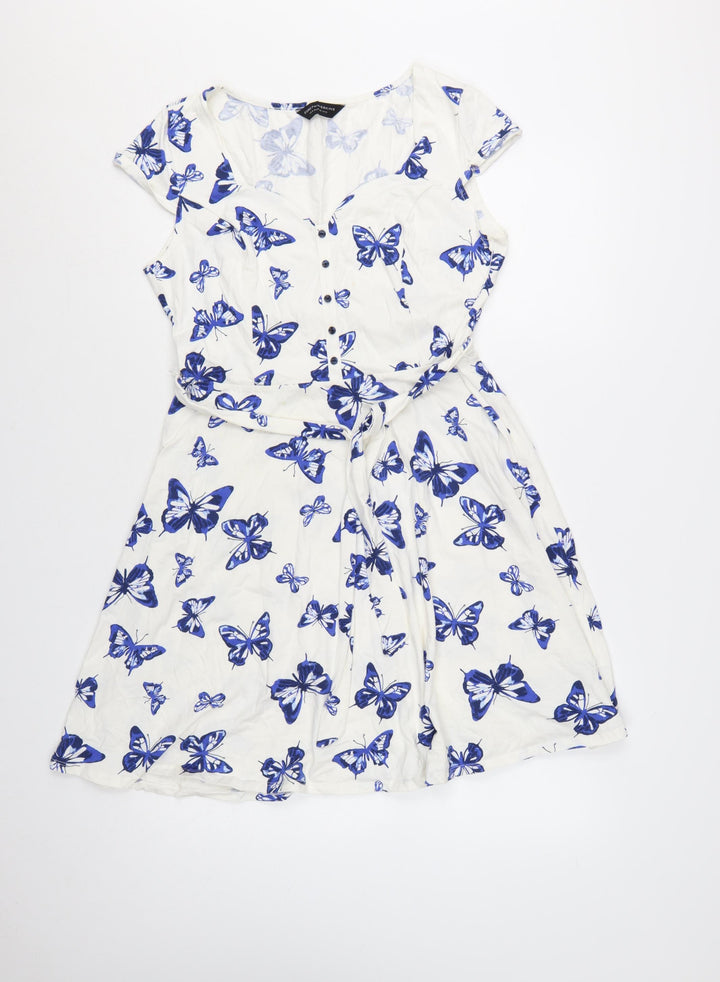 Dorothy Perkins Women’s White Butterfly Knee Length Fit & Flare Dress Size 14