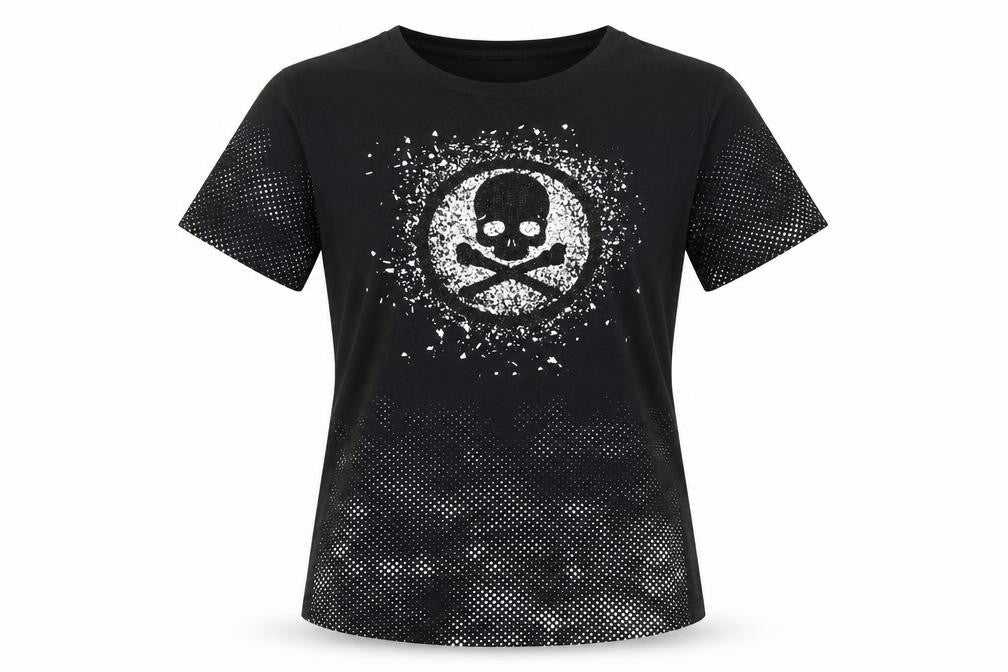 Front view of BerryDenim unisex black skull graphic stretch t-shirt l