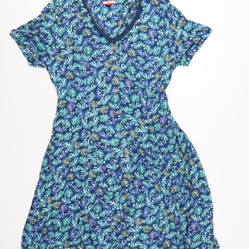Joe Browns Womens Blue Floral A-Line V-Neck Button Dress Size 14