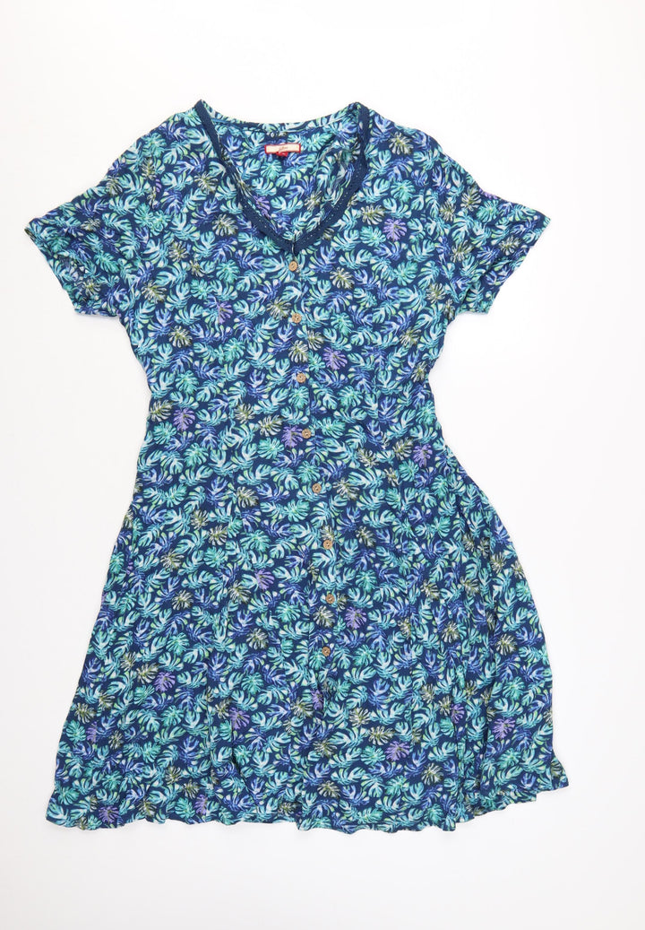Joe Browns Womens Blue Floral A-Line V-Neck Button Dress Size 14