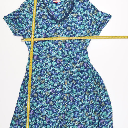 Joe Browns Womens Blue Floral A-Line V-Neck Button Dress Size 14