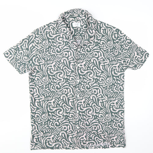 Easy Men's Green Geometric Short Sleeve Button-Up Shirt Size L