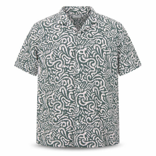 Front view of Easy Men's Green Geometric Short Sleeve Button-Up Shirt, size L