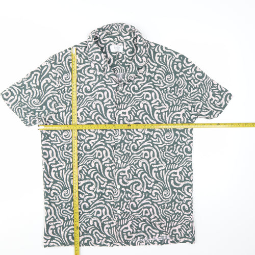 Easy Men's Green Geometric Short Sleeve Button-Up Shirt Size L