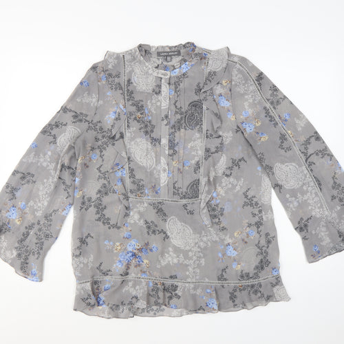Laura Ashley Women's Grey Floral Chiffon Ruffle Tunic Blouse UK 10
