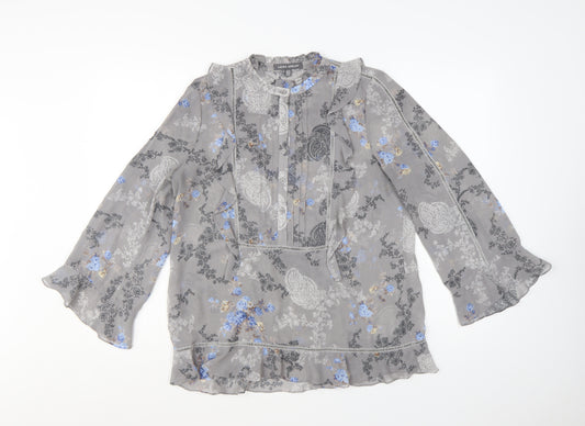 Laura Ashley Women's Grey Floral Chiffon Ruffle Tunic Blouse UK 10