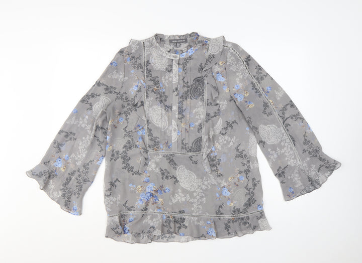 Laura Ashley Women's Grey Floral Chiffon Ruffle Tunic Blouse UK 10