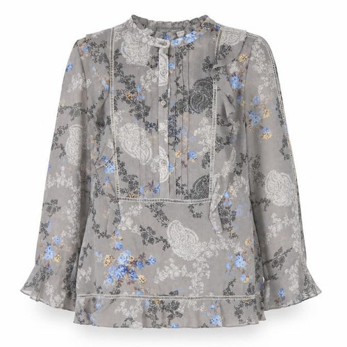 Laura Ashley Women's Grey Floral Chiffon Ruffle Tunic Blouse UK 10
