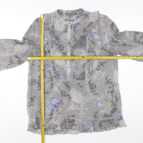 Laura Ashley Women's Grey Floral Chiffon Ruffle Tunic Blouse UK 10