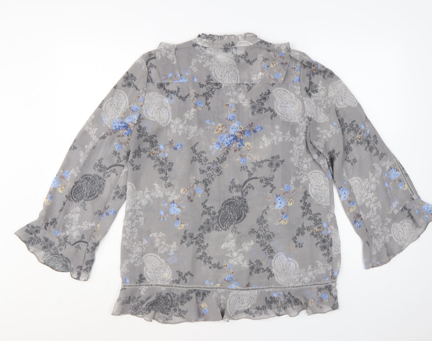 Laura Ashley Women's Grey Floral Chiffon Ruffle Tunic Blouse UK 10