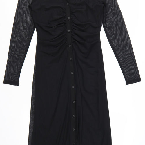 Marks and Spencer Women’s Black Ruched Mesh Long Sleeve Shirt Midi Dress Size 10