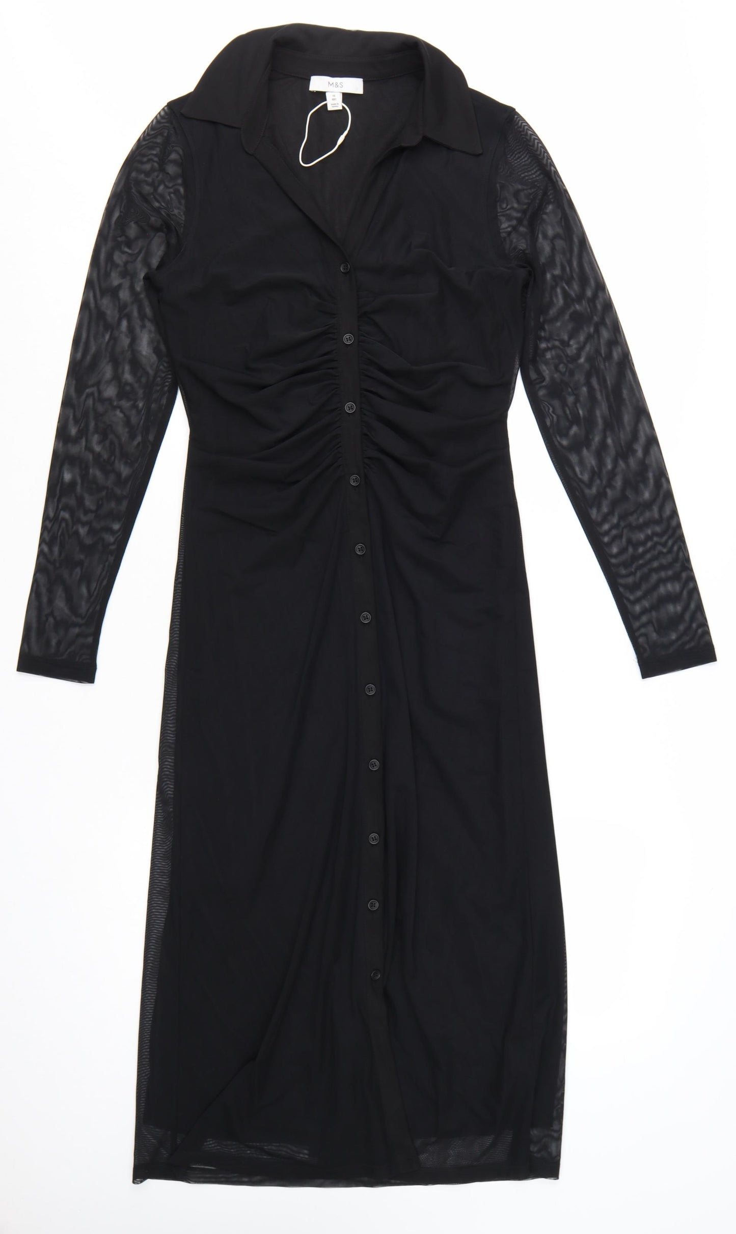 Marks and Spencer Women’s Black Ruched Mesh Long Sleeve Shirt Midi Dress Size 10