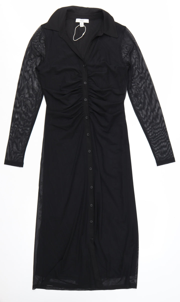 Marks and Spencer Women’s Black Ruched Mesh Long Sleeve Shirt Midi Dress Size 10