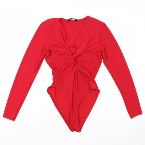Miss Selfridge Women Red Long Sleeve Knot Front Bodysuit UK 10