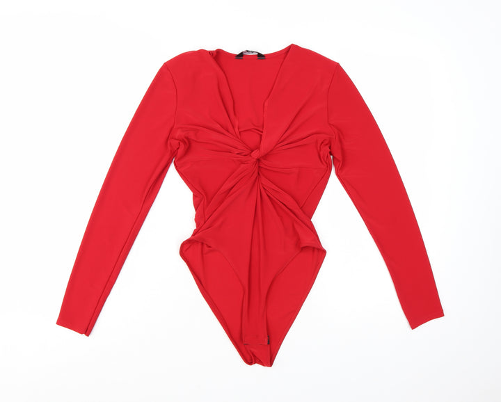 Miss Selfridge Women Red Long Sleeve Knot Front Bodysuit UK 10