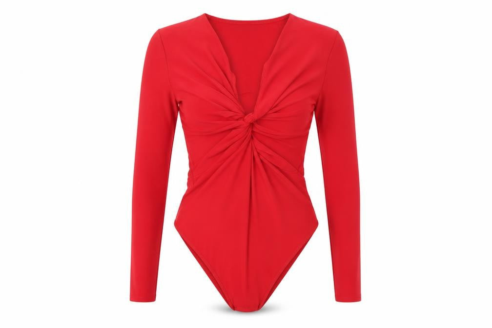 Miss Selfridge Women Red Long Sleeve Knot Front Bodysuit UK 10