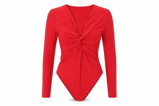 Miss Selfridge Women Red Long Sleeve Knot Front Bodysuit UK 10
