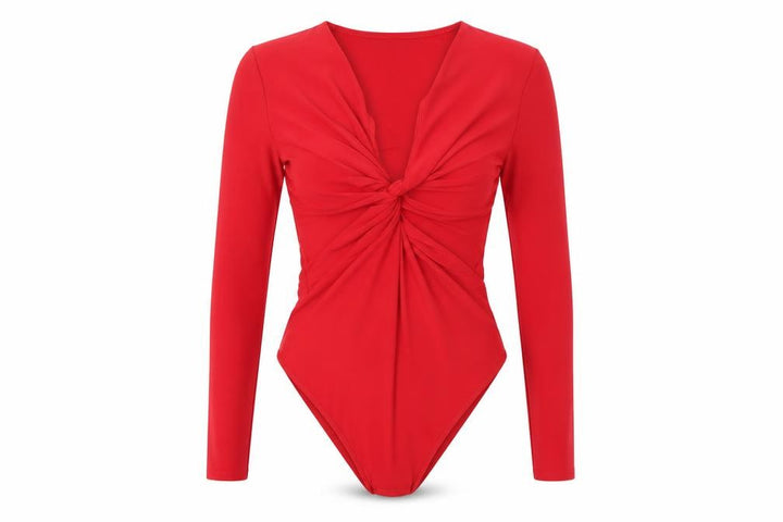 Miss Selfridge Women Red Long Sleeve Knot Front Bodysuit UK 10