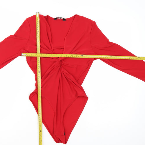 Miss Selfridge Women Red Long Sleeve Knot Front Bodysuit UK 10