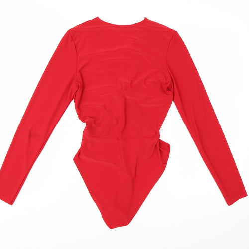 Miss Selfridge Women Red Long Sleeve Knot Front Bodysuit UK 10